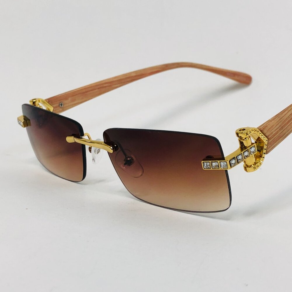 Men Sunglasses Brown Lens Square Gold‎ Frame Retro Classic Diamond Small Lentes